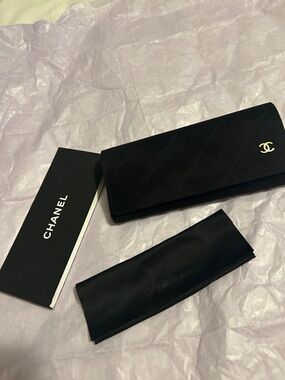 CHANEL Black Quilted Suede Long Wallet with CC Accent